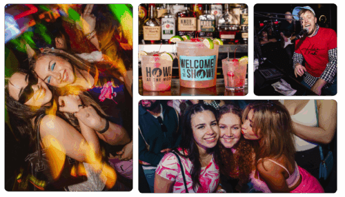 2000s night party promo images of people smiling, dancing