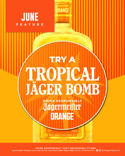 Promotional graphic for Howl at the Moon's June featured drink, the Tropical Jäger Bomb. The image features a bottle of Jägermeister Orange with bold orange and yellow tropical-inspired branding encouraging guests to try the limited-time summer cocktail.