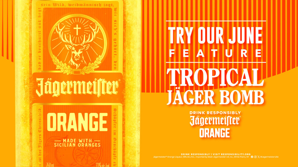 Promotional graphic for Howl at the Moon's June featured drink, the Tropical Jäger Bomb. The design features Jägermeister Orange made with Sicilian oranges alongside bold text highlighting the tropical-inspired cocktail available for a limited time in June.